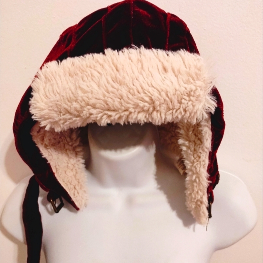 Fossil Heidi Burgundy Velvet Faux Fur Trapper Ushatka Wool Blend Hat
